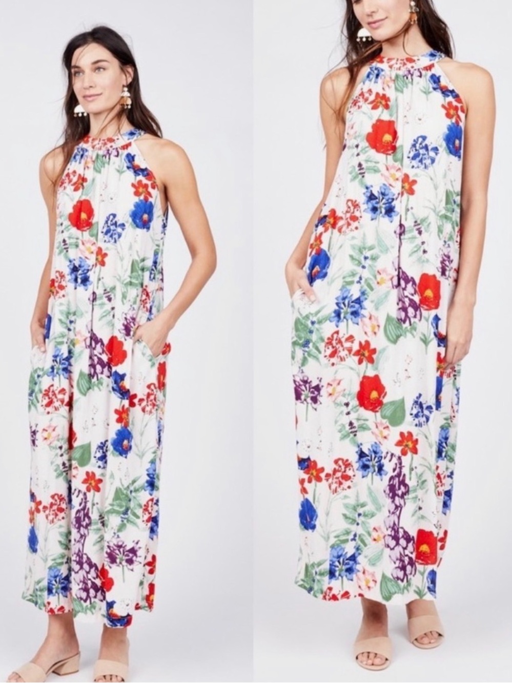 Chelsea & Theodore White Floral Halter Maxi Dress